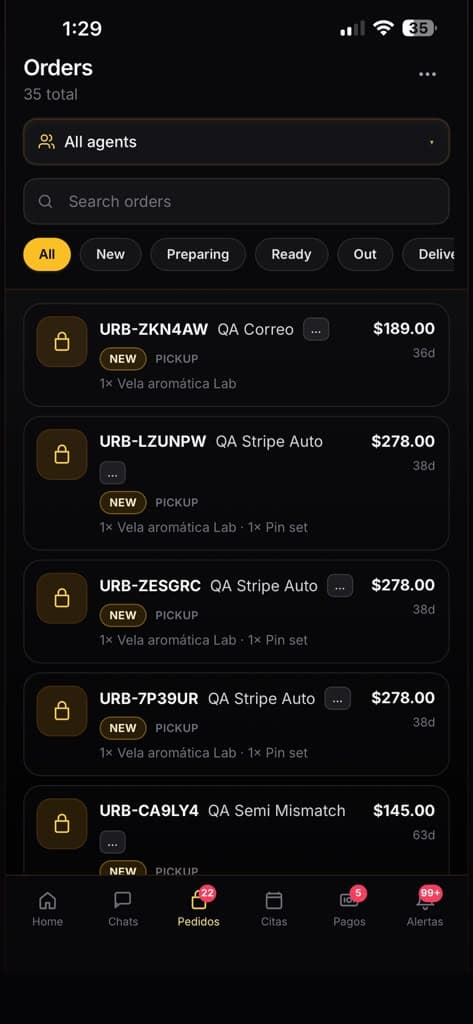 Orders / URBNBEE app